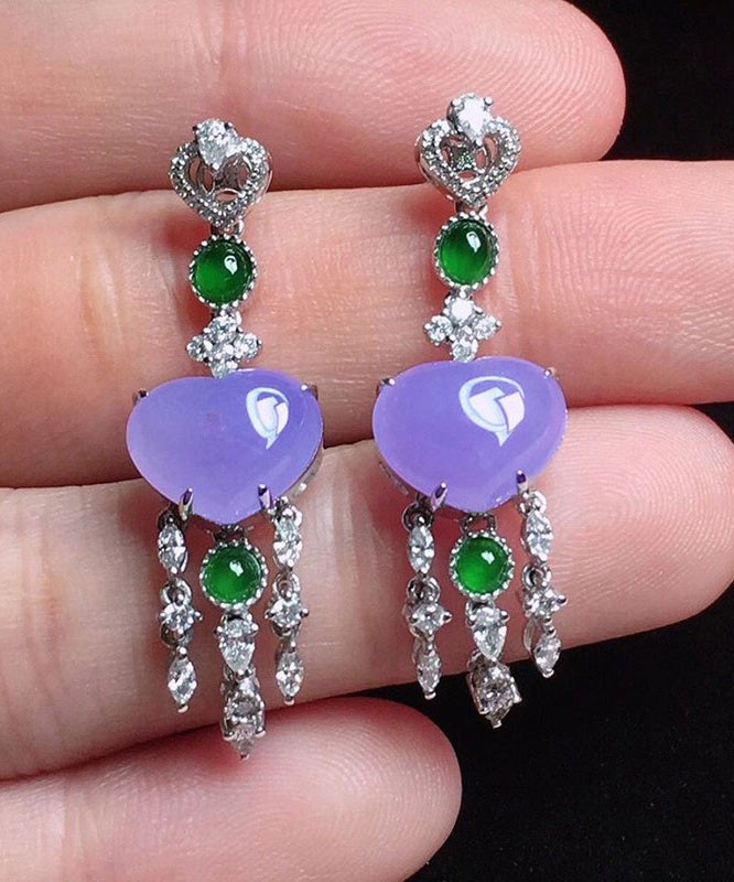 Fine Purple Sterling Silver Inlaid Zircon Love Jade Tassel Drop Earrings AC1027 Genistyle Shop