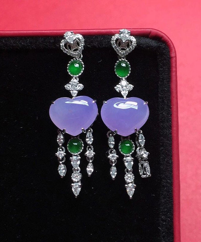 Fine Purple Sterling Silver Inlaid Zircon Love Jade Tassel Drop Earrings AC1027 Genistyle Shop