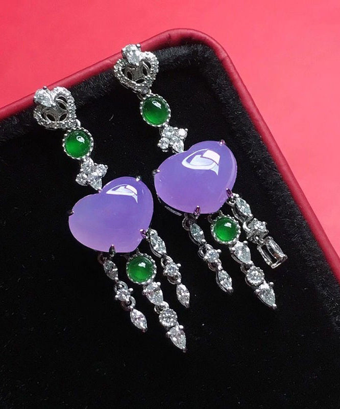 Fine Purple Sterling Silver Inlaid Zircon Love Jade Tassel Drop Earrings AC1027 Genistyle Shop