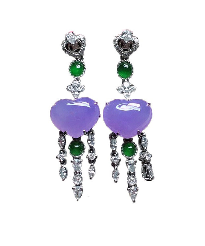 Fine Purple Sterling Silver Inlaid Zircon Love Jade Tassel Drop Earrings AC1027 Genistyle Shop