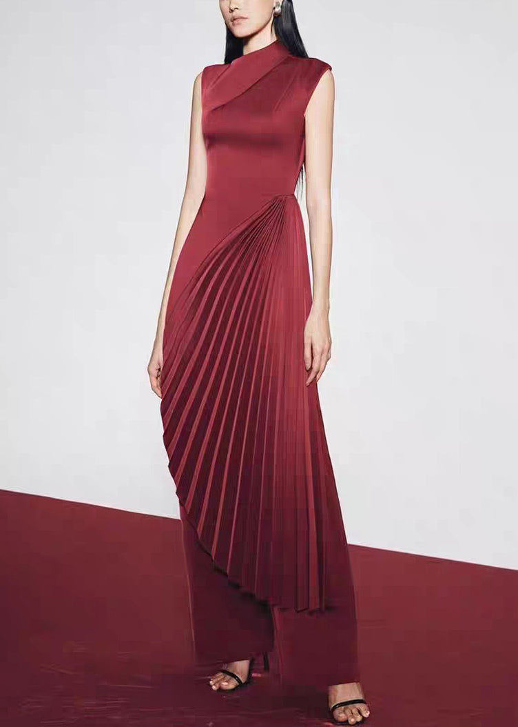 Dress Sleeveless Wrinkled Red Long Asymmetrical Silk Fine FashionChic