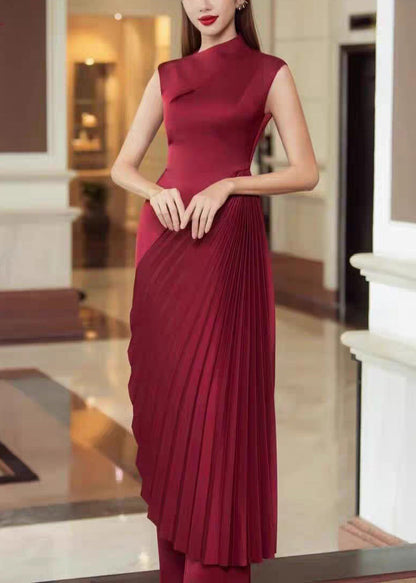 Dress Sleeveless Wrinkled Red Long Asymmetrical Silk Fine FashionChic