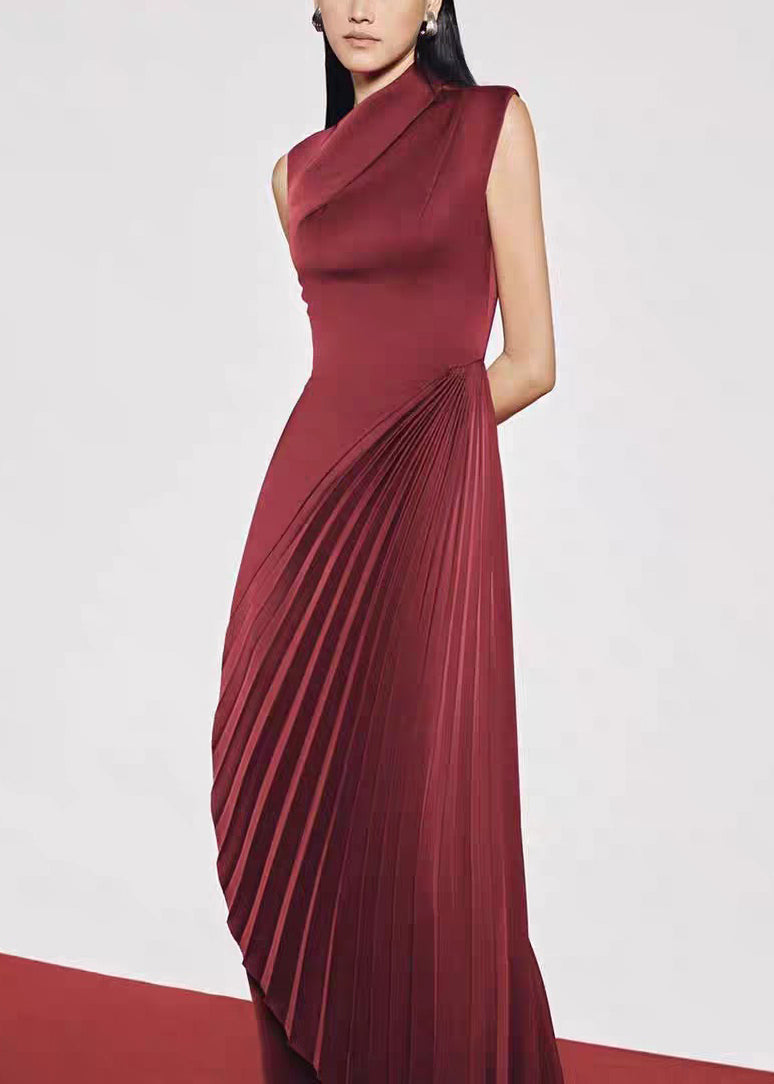 Dress Sleeveless Wrinkled Red Long Asymmetrical Silk Fine FashionChic