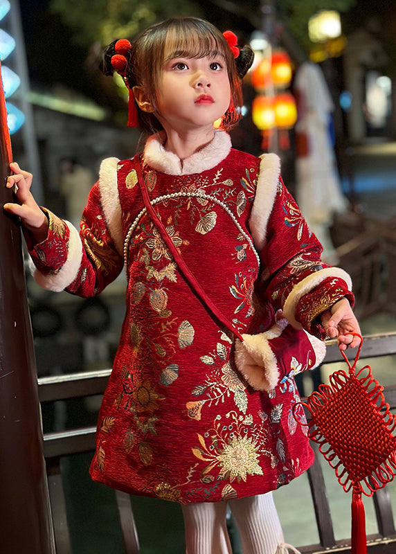 Fine Red Fur Collar Print Kids Long Dress Winter TR008 ABC