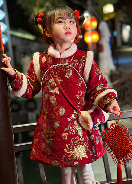 Fine Red Fur Collar Print Kids Long Dress Winter TR008 ABC