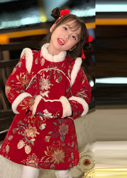 Fine Red Fur Collar Print Kids Long Dress Winter TR008 ABC