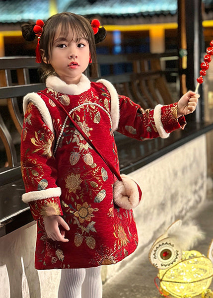 Fine Red Fur Collar Print Kids Long Dress Winter TR008 ABC