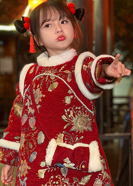 Fine Red Fur Collar Print Kids Long Dress Winter TR008 ABC