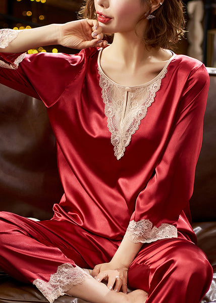 O Red Neck Set Fine Two Silk Patchwork Lace Pajamas Fall Pieces FashionChic