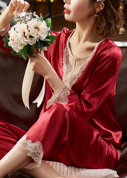 O Red Neck Set Fine Two Silk Patchwork Lace Pajamas Fall Pieces FashionChic
