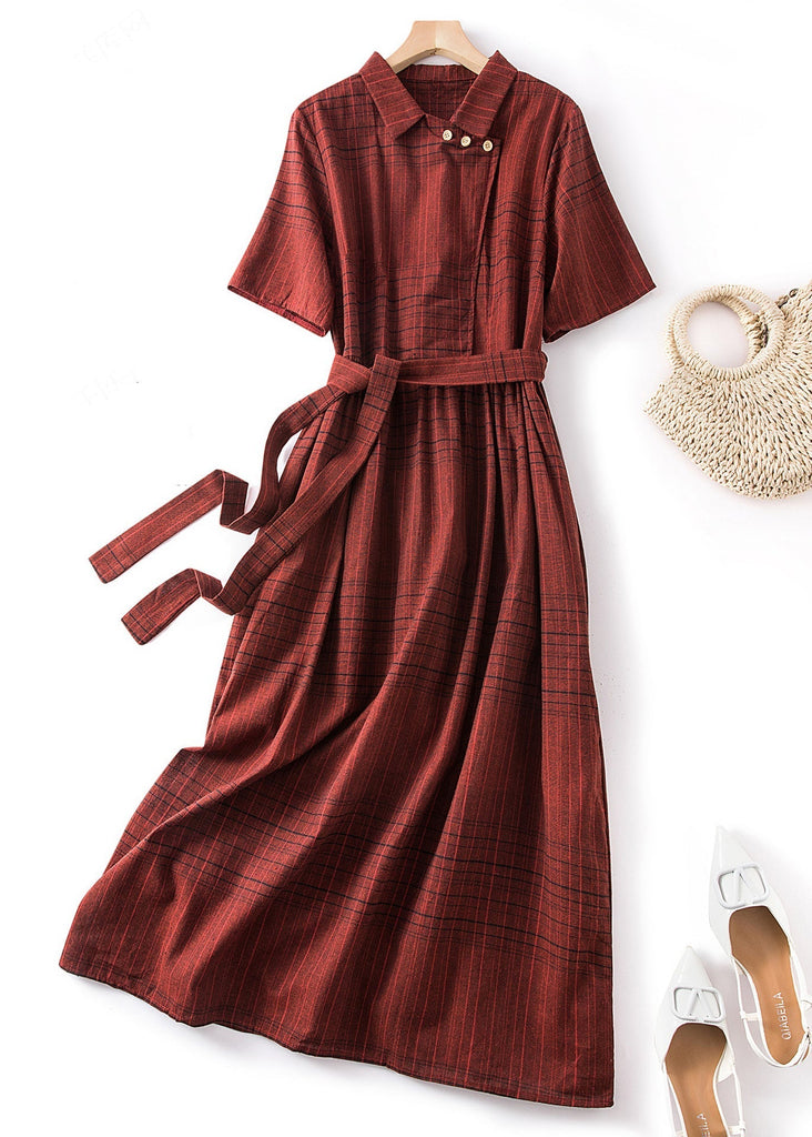 Fine Red Peter Pan Collar Plaid Tie Waist Linen Dresses Summer AM1066 Genistyle Shop