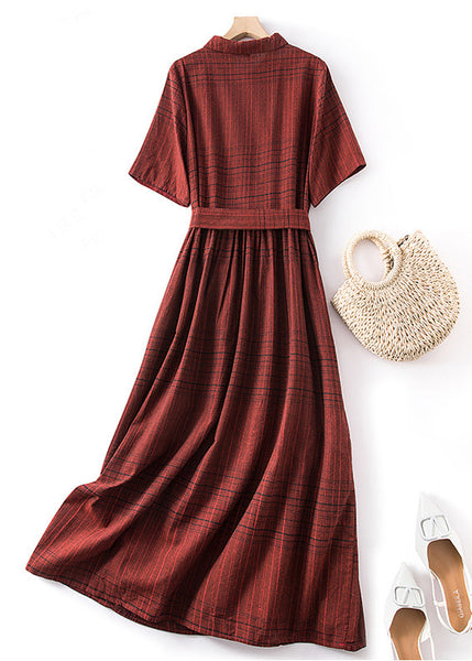 Fine Red Peter Pan Collar Plaid Tie Waist Linen Dresses Summer AM1066 Genistyle Shop