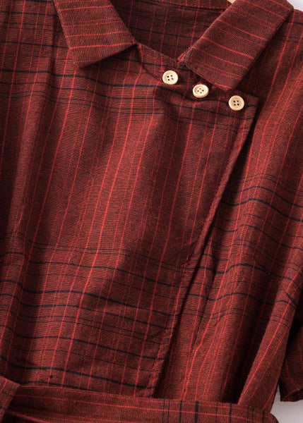Fine Red Peter Pan Collar Plaid Tie Waist Linen Dresses Summer AM1066 Genistyle Shop