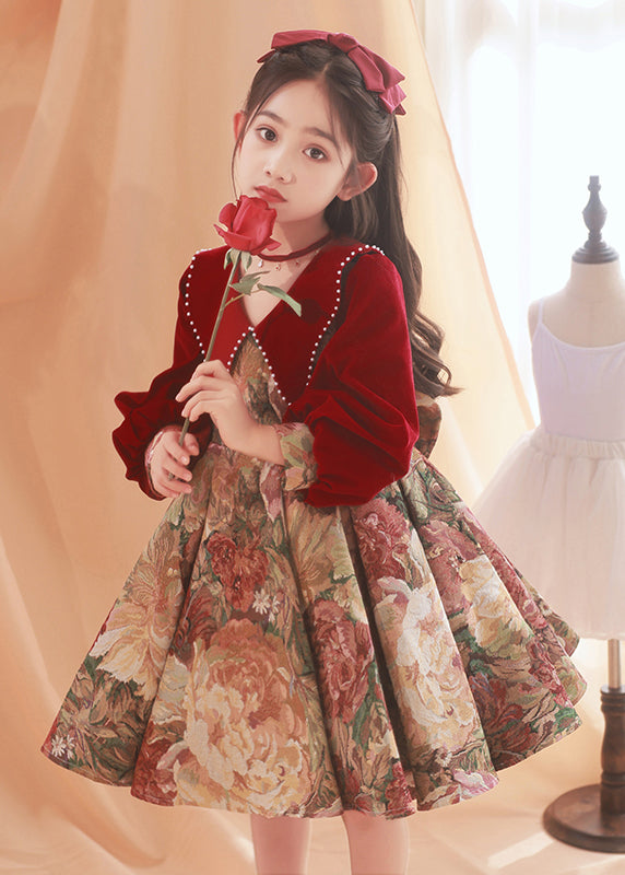 Spring Dress Maxi Collar Bead Pan Print Peter Kids Red Fine Nail FashionChic