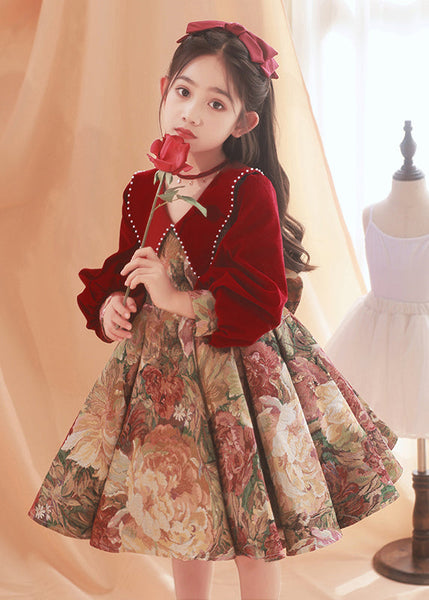 Spring Dress Maxi Collar Bead Pan Print Peter Kids Red Fine Nail FashionChic