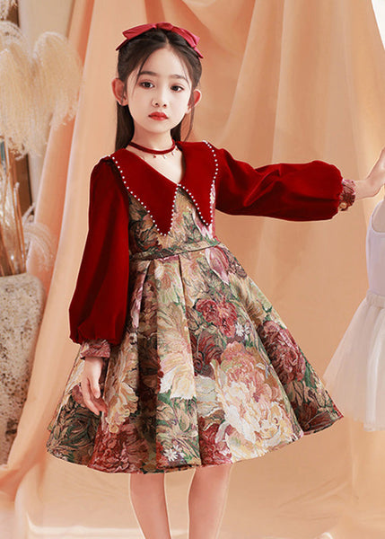 Spring Dress Maxi Collar Bead Pan Print Peter Kids Red Fine Nail FashionChic