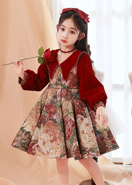 Spring Dress Maxi Collar Bead Pan Print Peter Kids Red Fine Nail FashionChic
