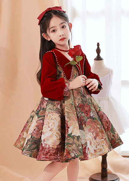 Spring Dress Maxi Collar Bead Pan Print Peter Kids Red Fine Nail FashionChic