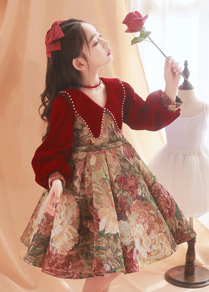 Spring Dress Maxi Collar Bead Pan Print Peter Kids Red Fine Nail FashionChic