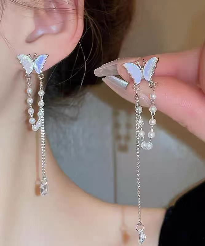 Fine Silk Alloy Zircon Pearl Butterfly Tassel Drop Earrings WH054 JEW-EAR241116