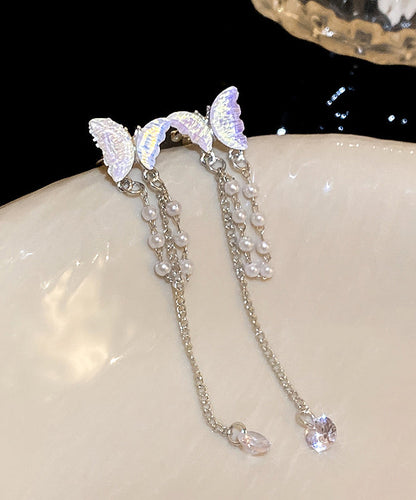 Fine Silk Alloy Zircon Pearl Butterfly Tassel Drop Earrings WH054 JEW-EAR241116