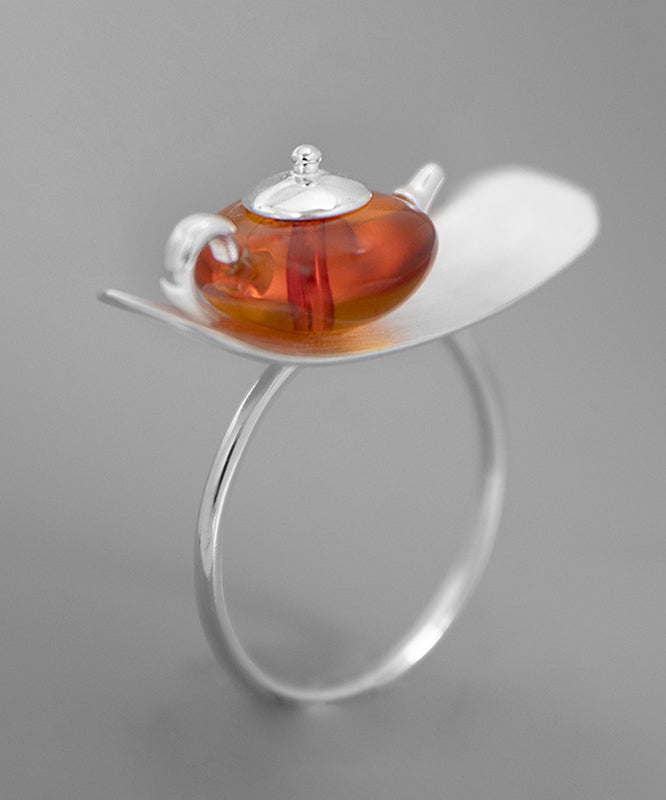 Fine Silk Sterling Silver Amber Teapot Rings II023 JEW-RIN240825