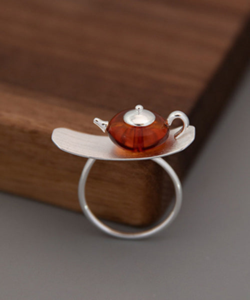 Fine Silk Sterling Silver Amber Teapot Rings II023 JEW-RIN240825