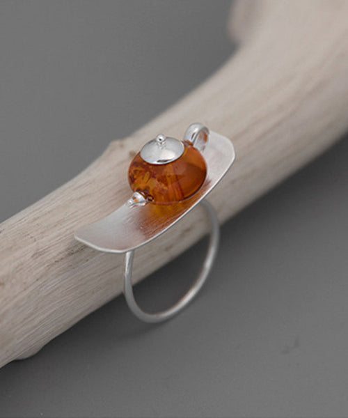 Fine Silk Sterling Silver Amber Teapot Rings II023 JEW-RIN240825