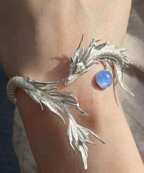 Silk Stone Fine Gem Cuff Shaped Sterling Dragon Silver FashionChic