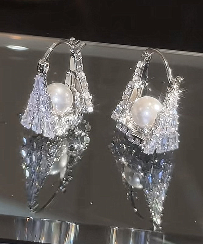 Handbag Hoop Silver Fine Sterling Pearl Silk Earrings Zircon FashionChic