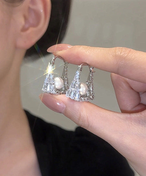 Handbag Hoop Silver Fine Sterling Pearl Silk Earrings Zircon FashionChic