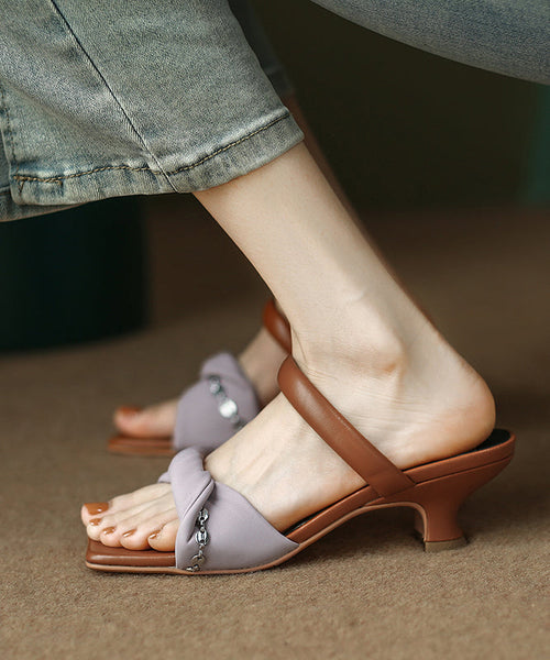 Leather Sandals Purple Fine Kitten Faux Splicing Slide Heels FashionChic
