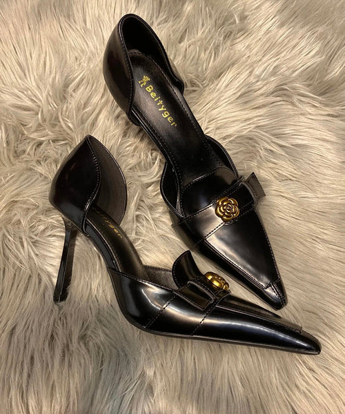 Fine Pointed High Black Toe Splicing Stiletto Heels Sheepskin FashionChic