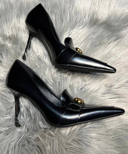 Fine Pointed High Black Toe Splicing Stiletto Heels Sheepskin FashionChic