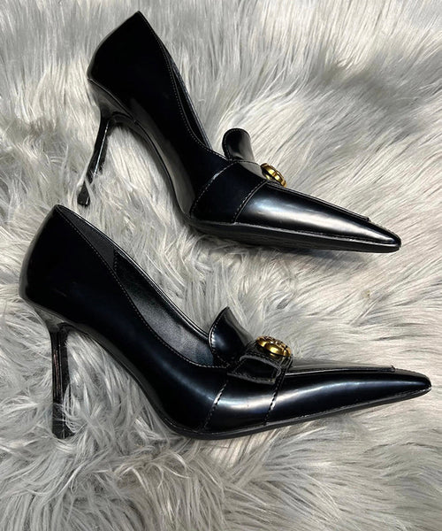 Toe Heels Fine Pointed High Stiletto Black Splicing Sheepskin FashionChic