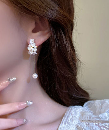 Fine White Copper Alloy Zircon Pearl Floral Tassel Drop Earrings EY019 ABC