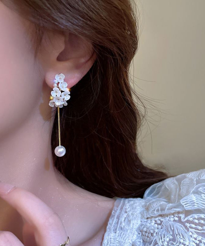 Fine White Copper Alloy Zircon Pearl Floral Tassel Drop Earrings EY019 ABC