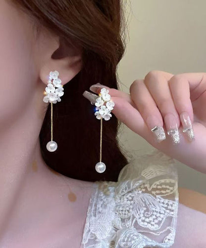 Fine White Copper Alloy Zircon Pearl Floral Tassel Drop Earrings EY019 ABC