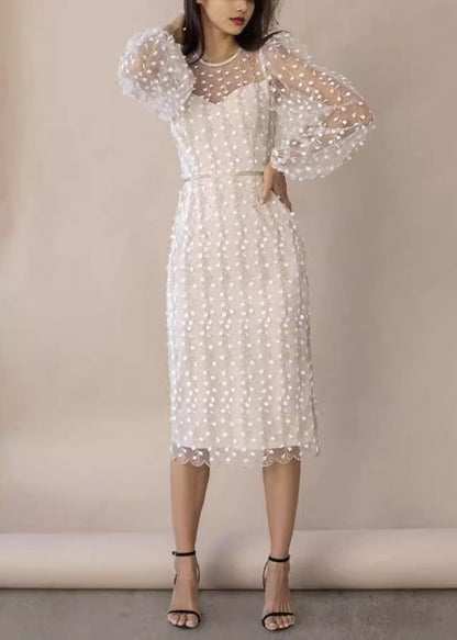 Fine White Embroidered Tulle Dress Lantern Sleeve QR012 BB-ZS-WM-FDL240929