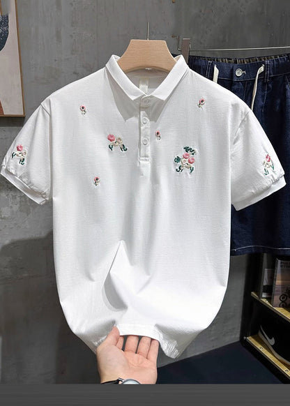 Polo Fine Mens White Embroideried Shirts Button Cotton Summer FashionChic