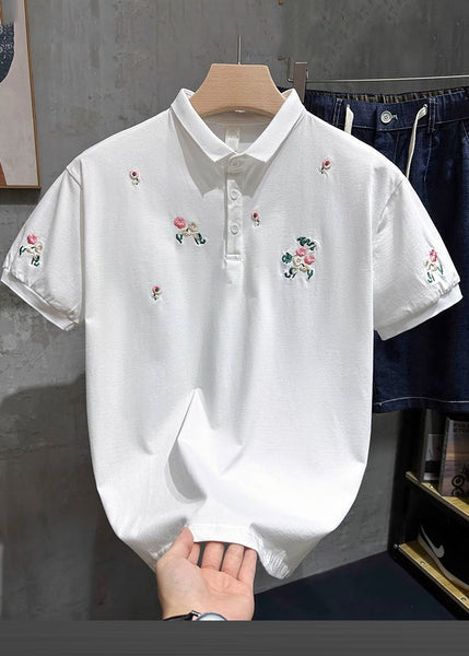 Polo Fine Mens White Embroideried Shirts Button Cotton Summer FashionChic