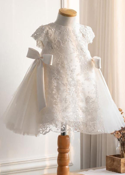 Fine White Lace Patchwork Tulle Girls Maxi Dresses Short Sleeve YS021 ABC