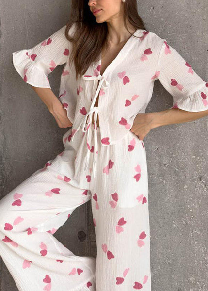 Fine Summer Print Sets Lace White Love Up Cotton Pajama FashionChic