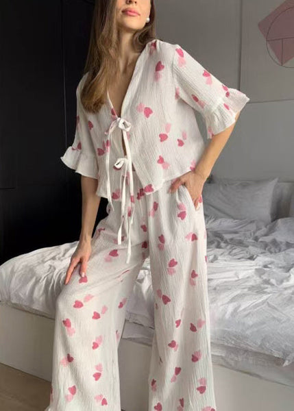Fine Summer Print Sets Lace White Love Up Cotton Pajama FashionChic