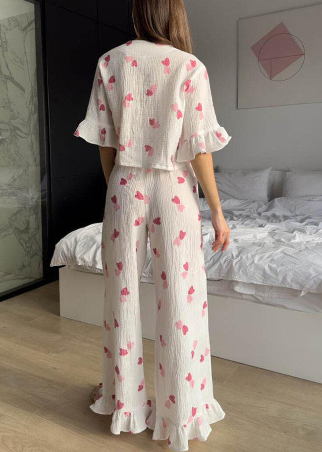 Fine Summer Print Sets Lace White Love Up Cotton Pajama FashionChic