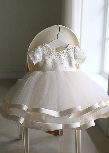 Fine White Pearl Tulle Patchwork Kids Long Dress Short Sleeve YS040 ABC