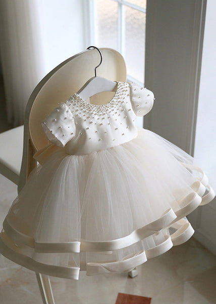 Fine White Pearl Tulle Patchwork Kids Long Dress Short Sleeve YS040 ABC