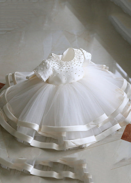 Fine White Pearl Tulle Patchwork Kids Long Dress Short Sleeve YS040 ABC