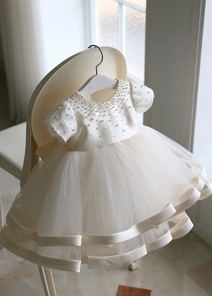 Fine White Pearl Tulle Patchwork Kids Long Dress Short Sleeve YS040 ABC