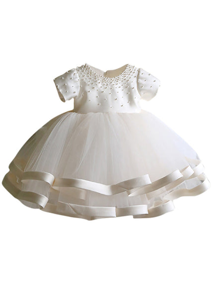 Fine White Pearl Tulle Patchwork Kids Long Dress Short Sleeve YS040 ABC